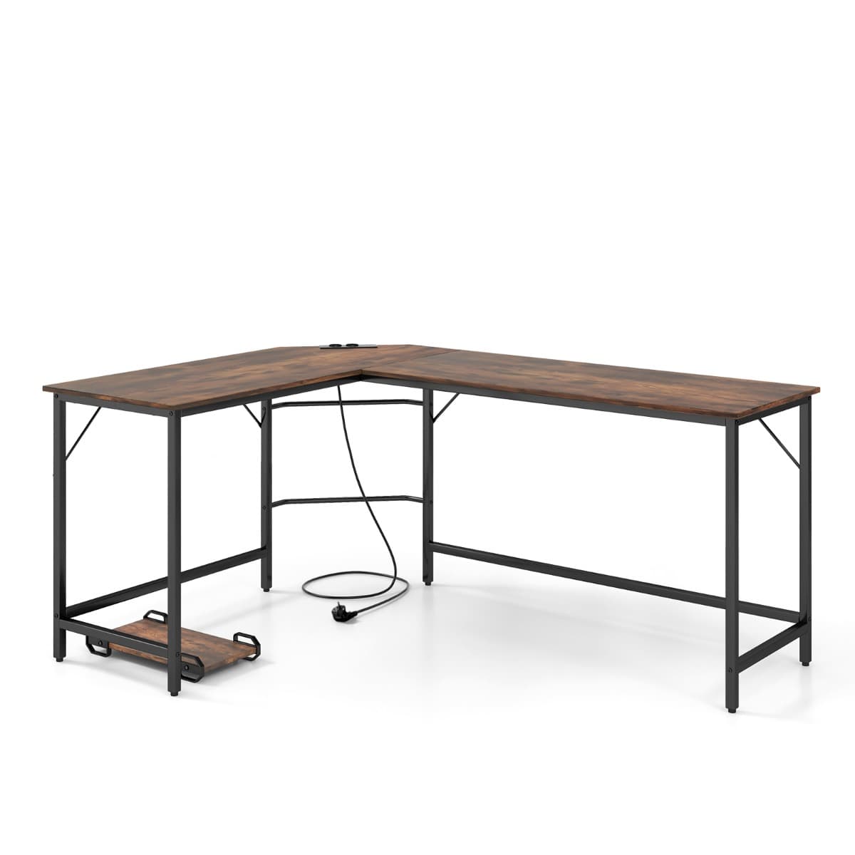 Bureau d’Angle avec Prise de Courant Bureau d'Angle de 168 cm avec Support UC Cadre en Métal Robuste