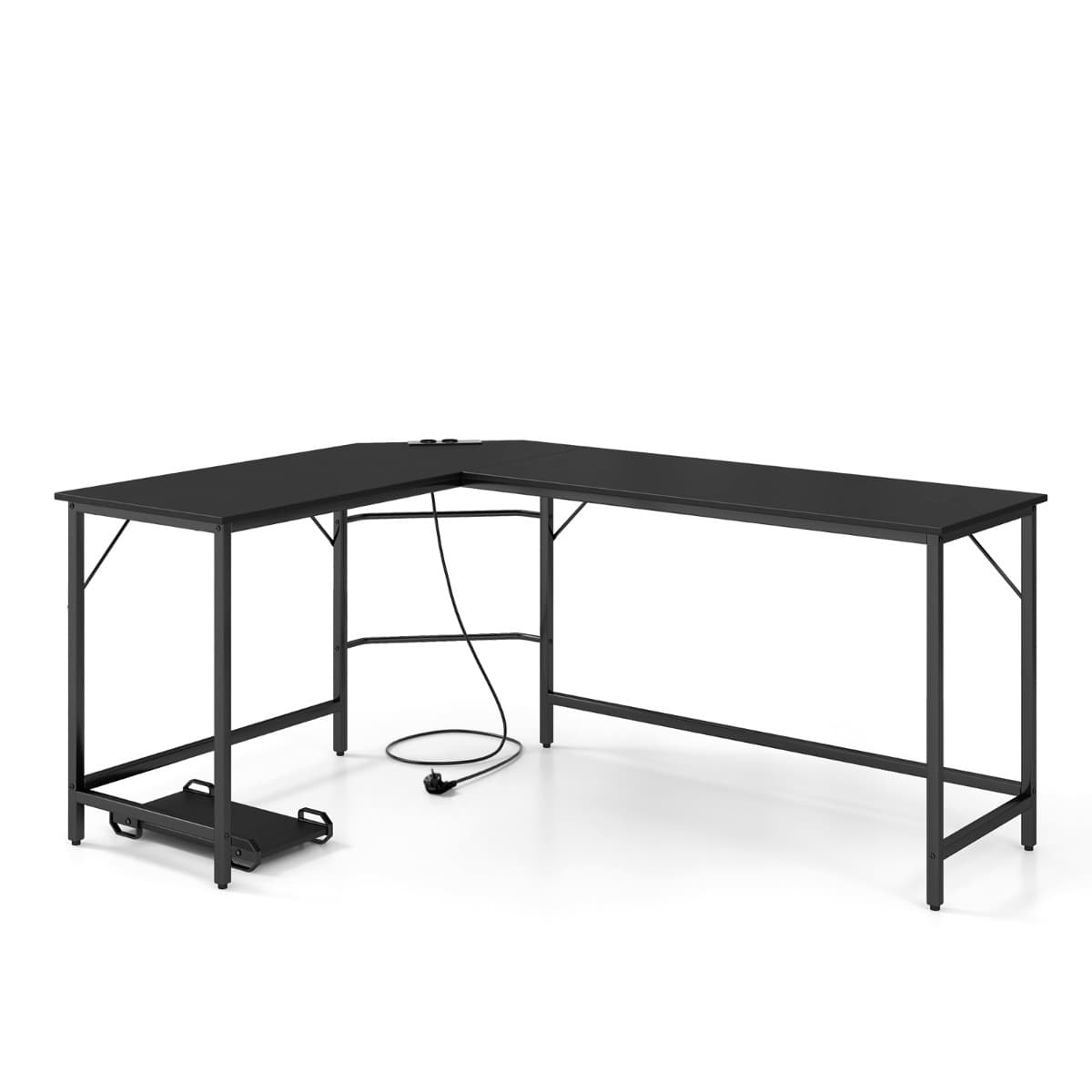 Bureau d’Angle avec Prise de Courant Bureau d'Angle de 168 cm avec Support UC Cadre en Métal Robuste
