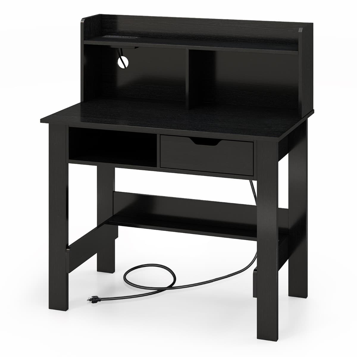 CostwayBureau d'Ordinateur avec Prises de Courant et Ports USB & Type-C Bureau d'Étude avec Étagère Supérieure Étagère Ouverte Noir